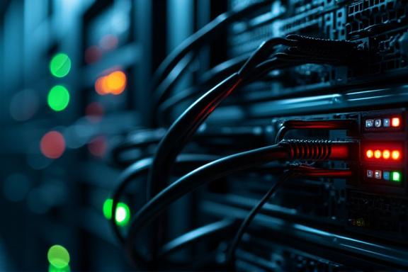 サーバーラックとネットワークケーブルのクローズアップ
